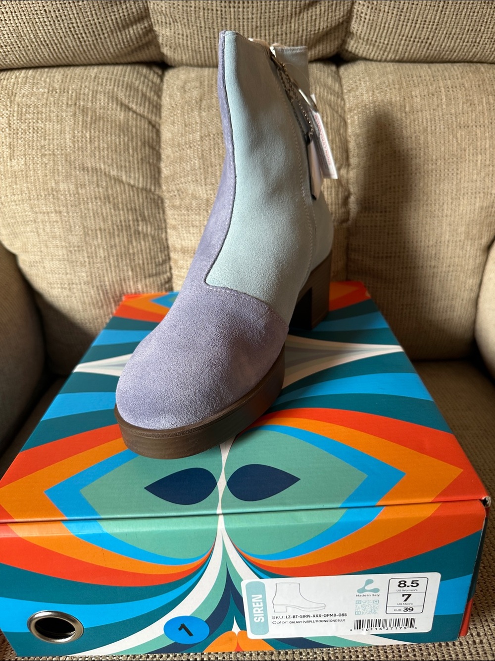 Two-Tone Lavender and Light Gray Suede Block Heel Ankle Boot